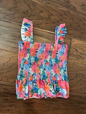 Poppy Kids Floral Smocked Ruffle Strap Tank Swim Top - Pink Multi